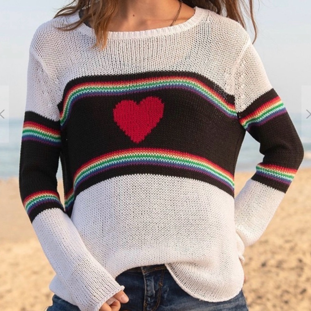 Wooden Ships White Black Sweater with Red Heart and Rainbow Stripes - Picture 2 of 8